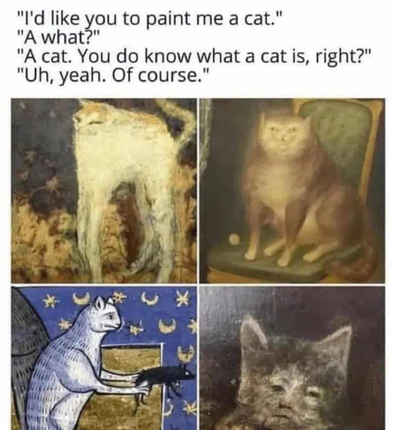 Four images of cats, with a humorous dialogue about painting a cat.