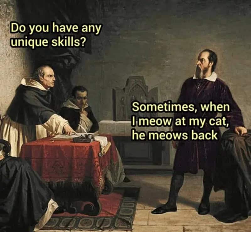 Classical painting with added text: 'Do you have any unique skills? Sometimes, when I meow at my cat.
