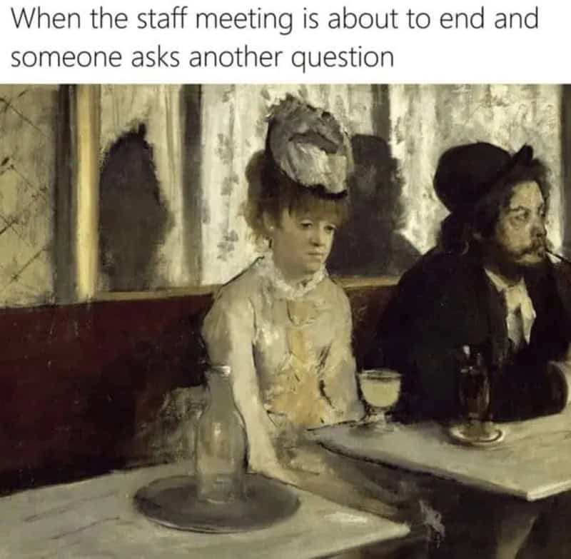 Classical painting of a woman and man at a table with drinks, with text about a staff meeting.