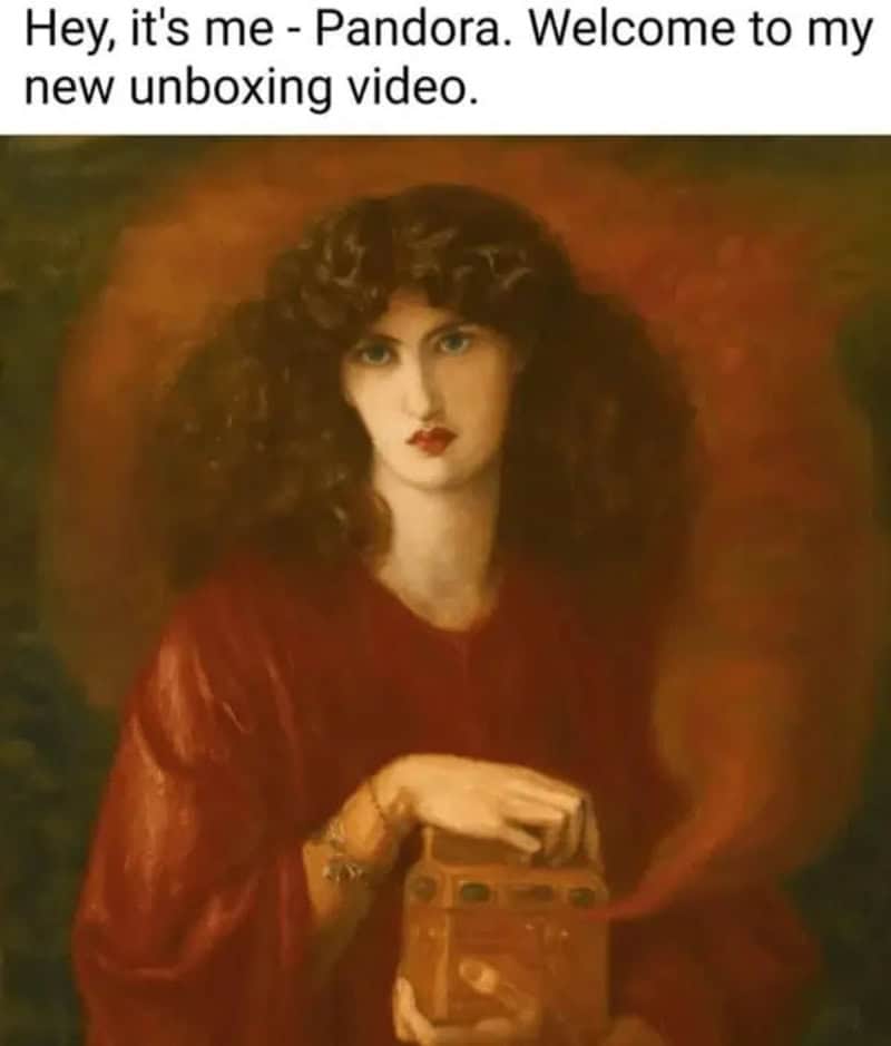 Painting of a woman with curly hair holding a vintage camera, wearing a red dress.