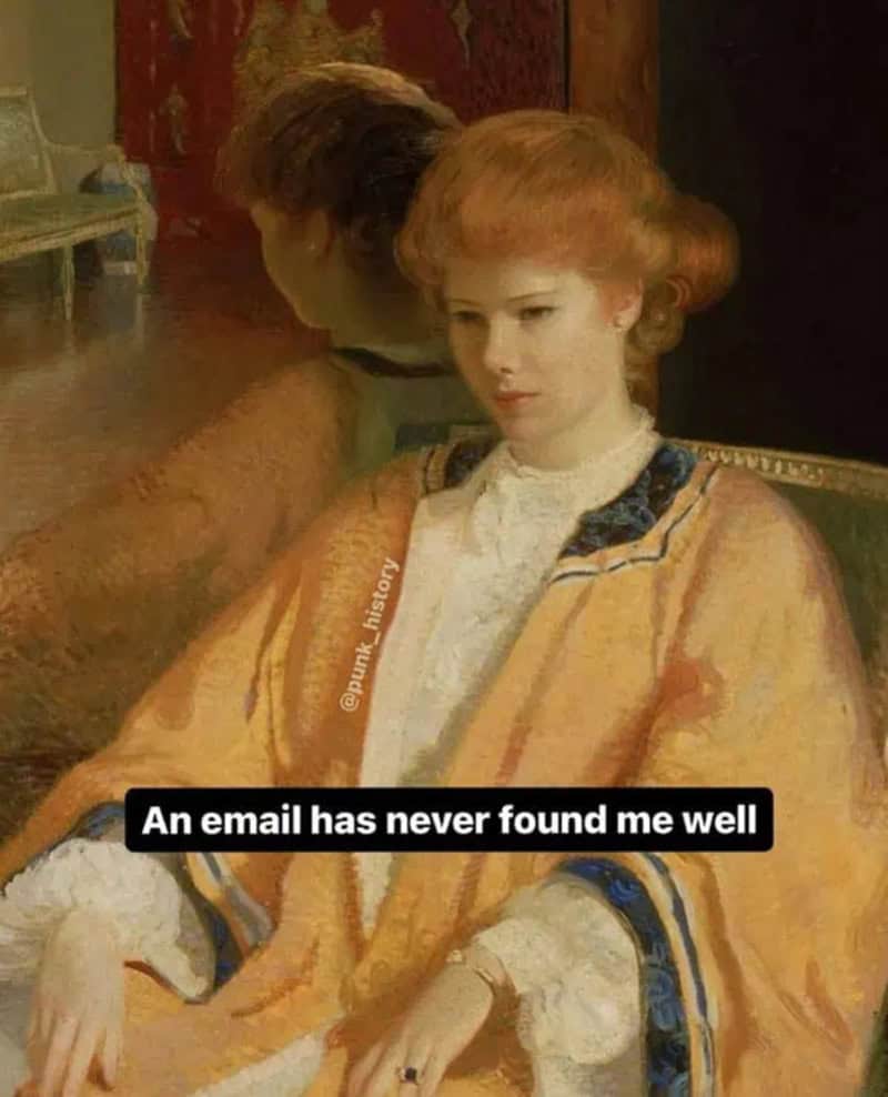 Classical painting of a woman with a caption about email not being found.