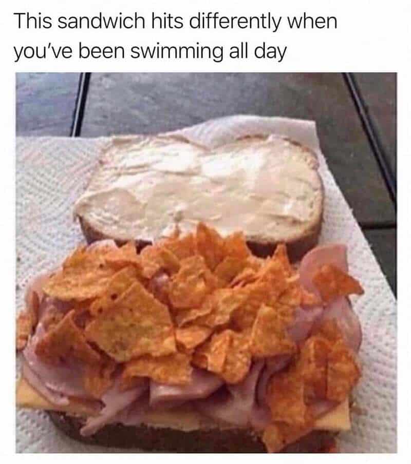 Sandwich with fried chicken, ham, and bread with mayonnaise, caption about swimming.
