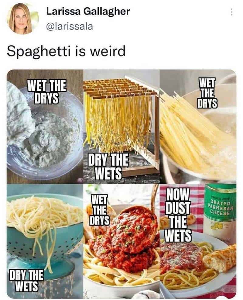 A meme about spaghetti with images and text showing wet and dry states of pasta and sauce.
