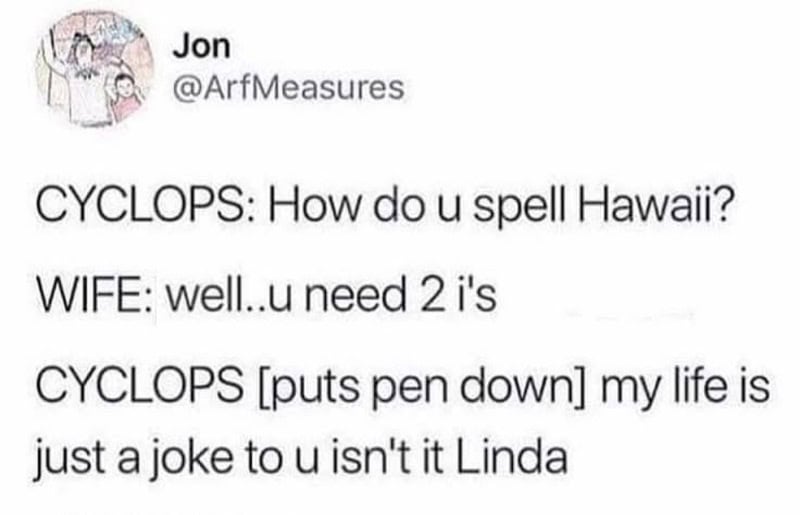 A humorous text exchange about spelling Hawaii and life with a cyclone joke.