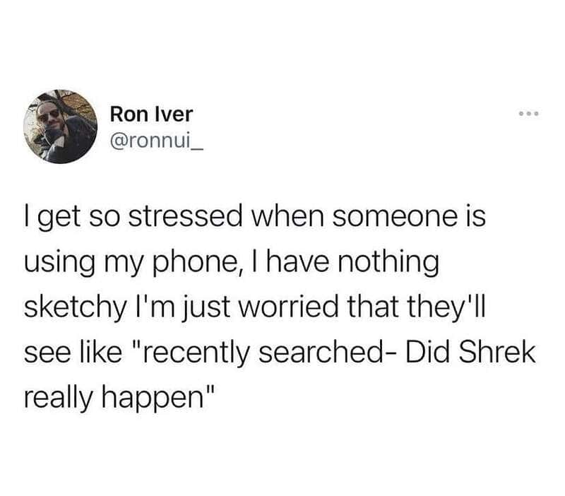 Ron Iver's tweet about stress when someone uses his phone, worried they'll see his search for Shrek.