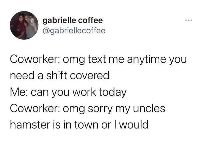 Text conversation about shift coverage involving a hamster in town.