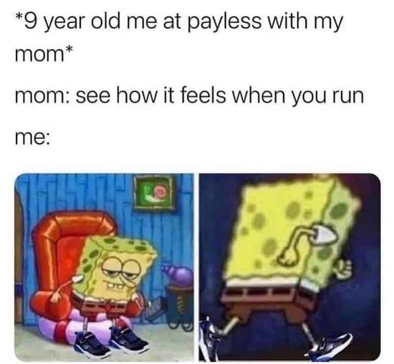 SpongeBob sitting in a chair with a smug expression, next to a picture of him running with a banana.
