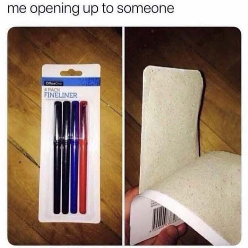 Image shows pens on the left and a sponge on the right, with the caption 'me opening up to someone'.
