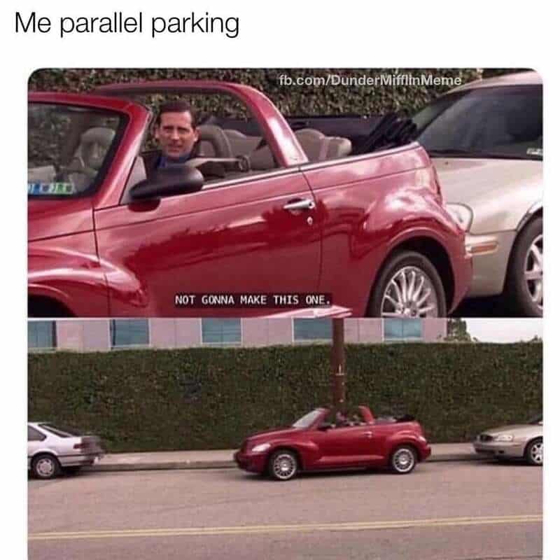 Man in red convertible parked parallel to a white car with the caption "NOT GONNA MAKE THIS ONE".
