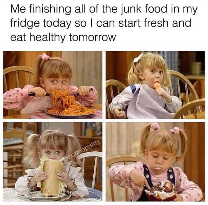 Four images of a young girl eating junk food, with a caption about finishing junk food to eat health.