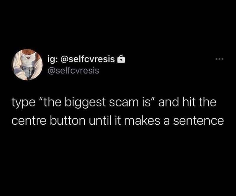 Instagram post by @selfcvresis with text about scams and a humorous instruction.
