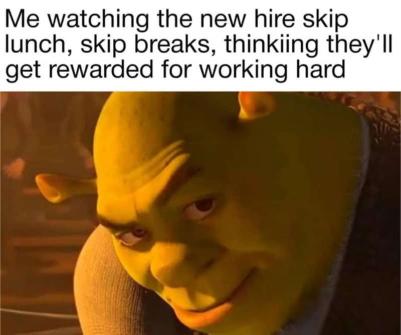 Shrek with a mischievous expression, caption about skipping lunch and breaks at work.