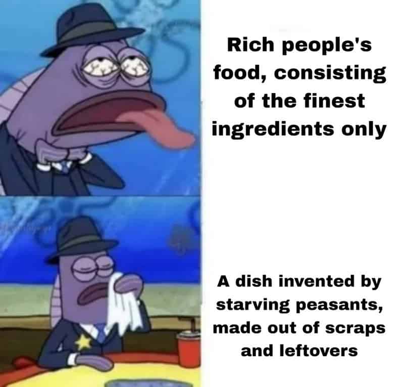 Rich people's food vs. a dish made from scraps and leftovers, cartoon characters with contrastingly.