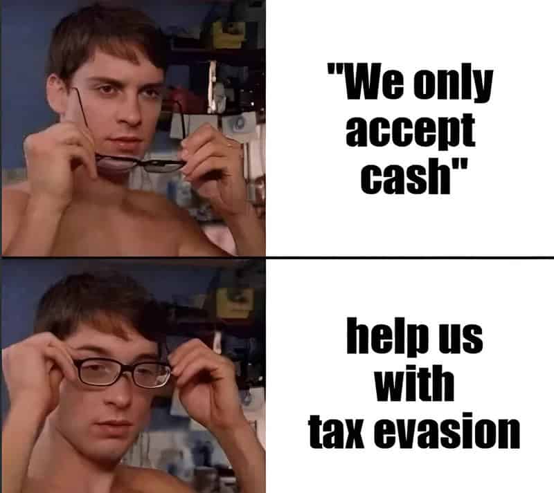Two images of a young man, first without glasses, second with glasses, with text about cash and tax.