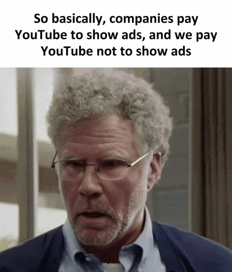 So basically, companies pay YouTube to show ads, and we pay YouTube not to show ads.