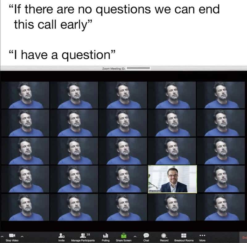 Zoom meeting screenshot with a man in a blue shirt and a man in a suit, with text about ending acall.