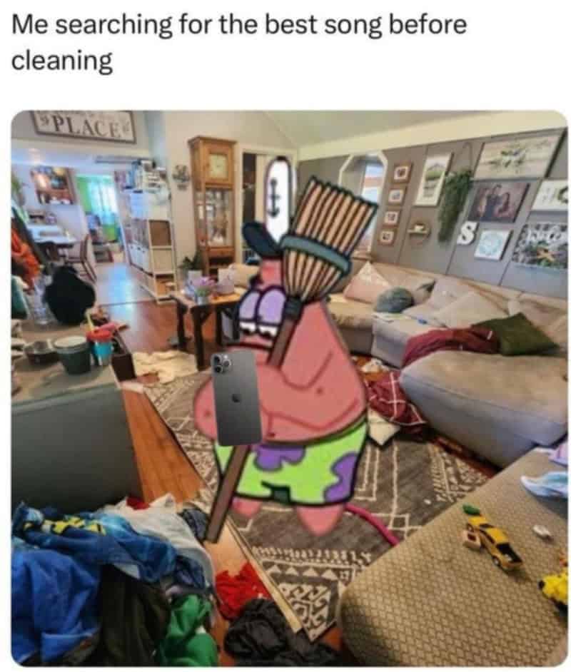 Cartoon character with a broom searching in a messy living room.