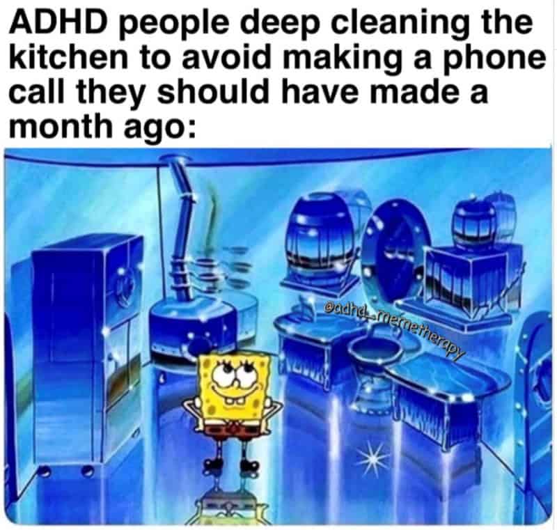 SpongeBob in a blue kitchen with cleaning appliances, meme about ADHD cleaning habits.