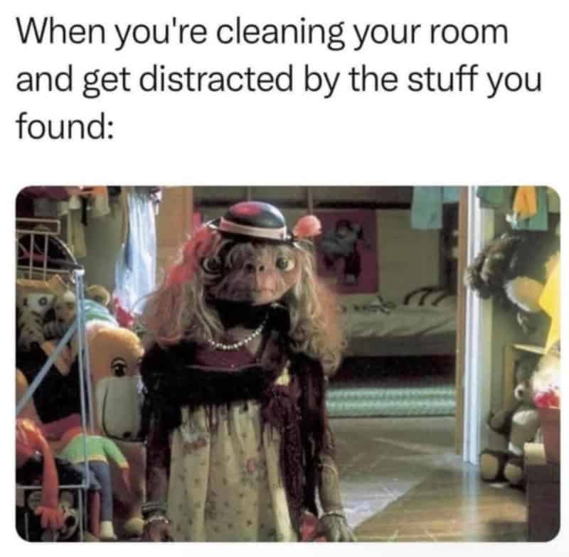 When you're cleaning your room and get distracted by the stuff you found: a creature with a hat and.
