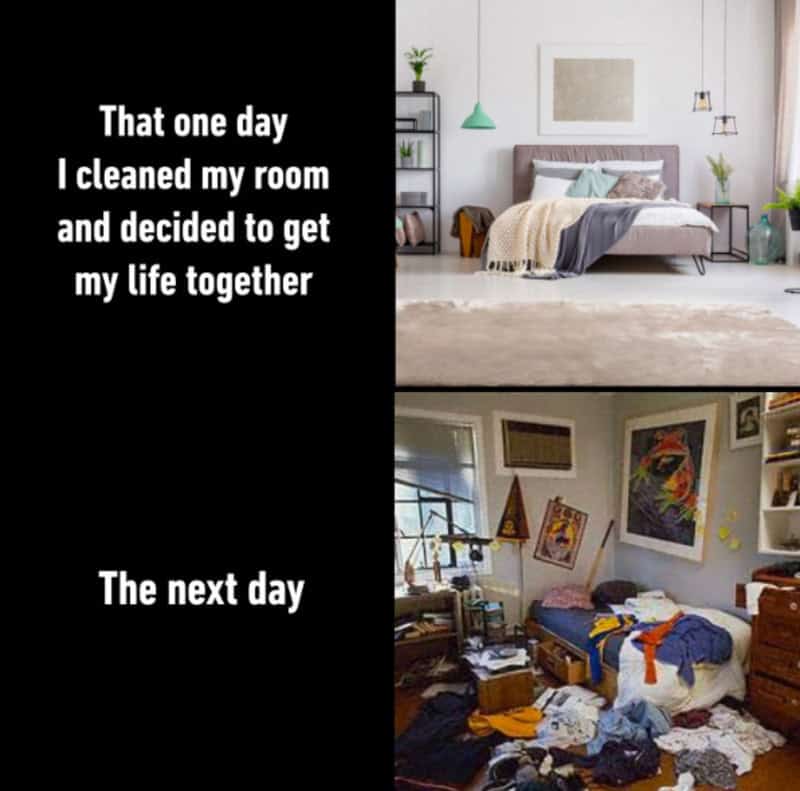 Before and after cleaning a messy room, with text about cleaning motivation.