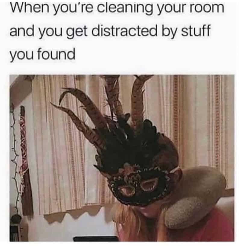 Person wearing a mask with horns and a costume, cleaning a room.