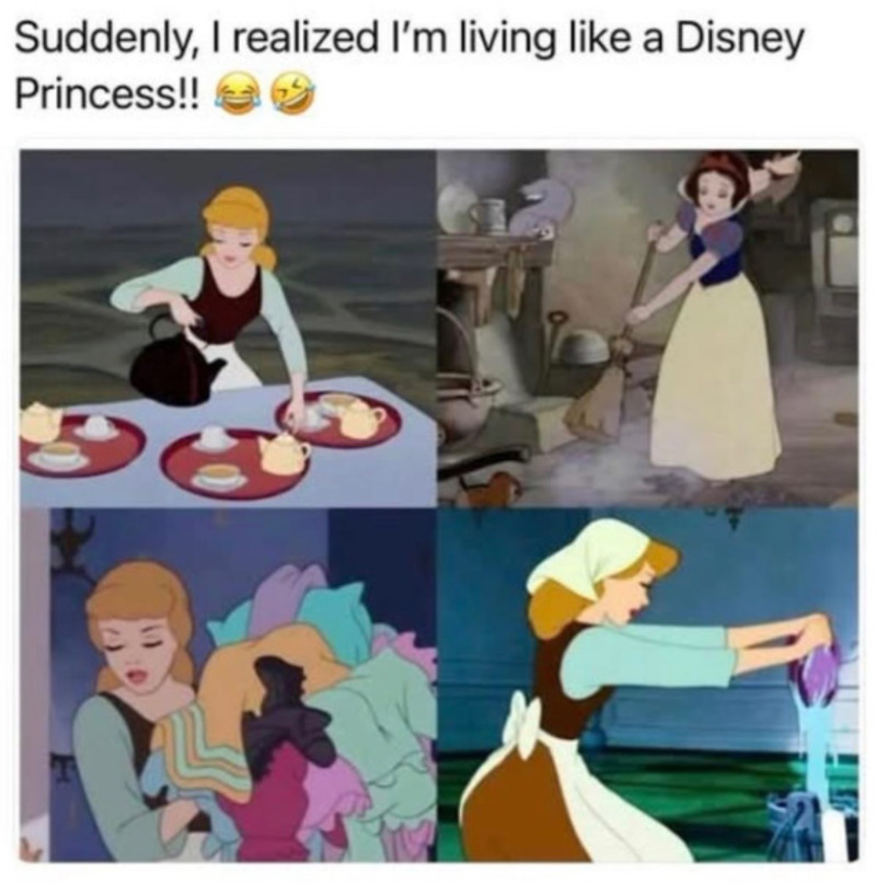 Disney princesses doing household chores, including cleaning and laundry.