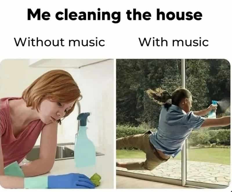 Comparison of cleaning: without music and with music, showing a woman cleaning and a girl cleaning.