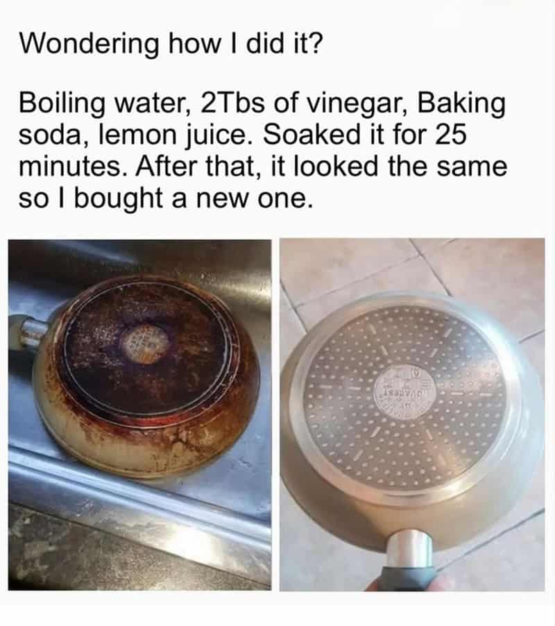 Cleaning meme showing a burnt pan and a clean new one after cleaning.