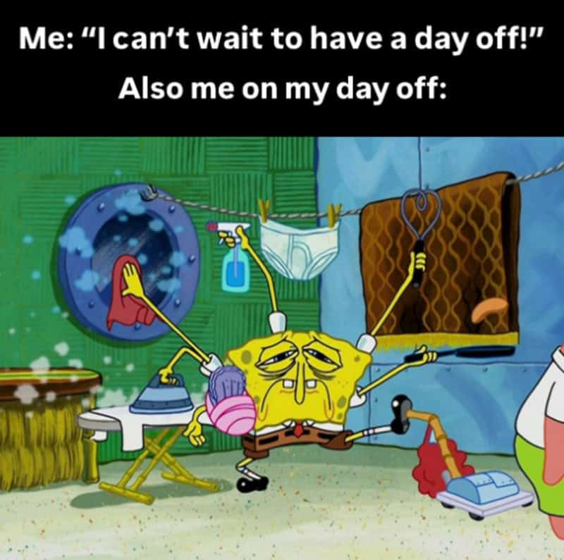 SpongeBob exhausted with cleaning tools and laundry in a messy room.