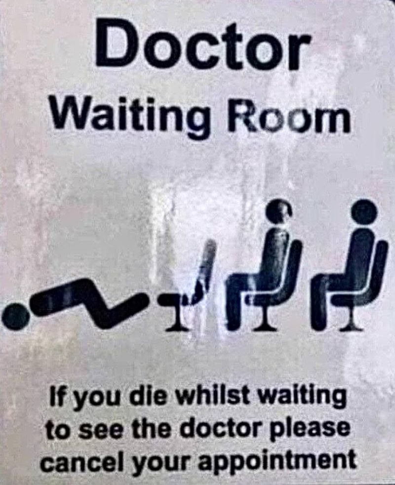 Sign showing a person lying down, a chair, and two people sitting, with a humorous message.