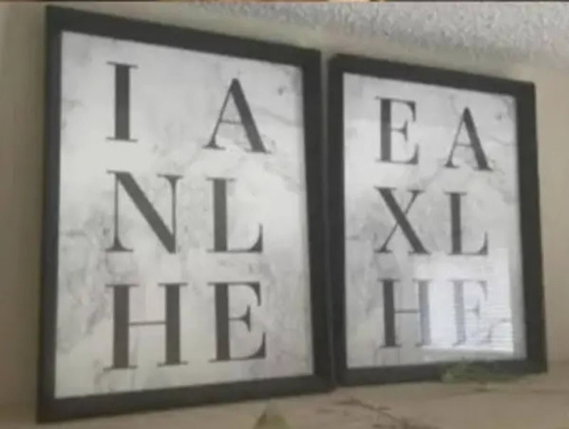 Two framed eye charts with confusing letter arrangements, part of 'funny confusing signs' post.
