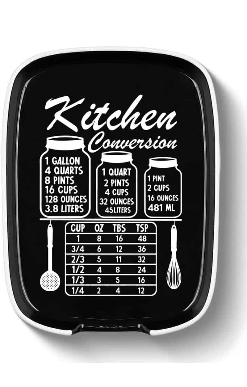 Kitchen conversion chart on a black tray with white text and illustrations.