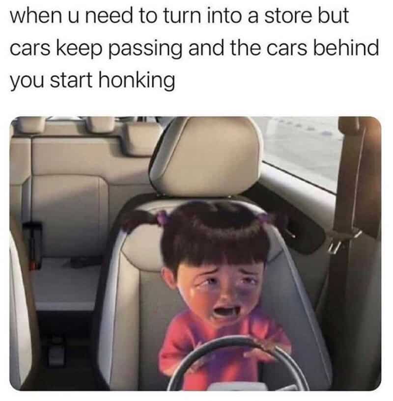Child crying in car seat with caption about honking cars behind.