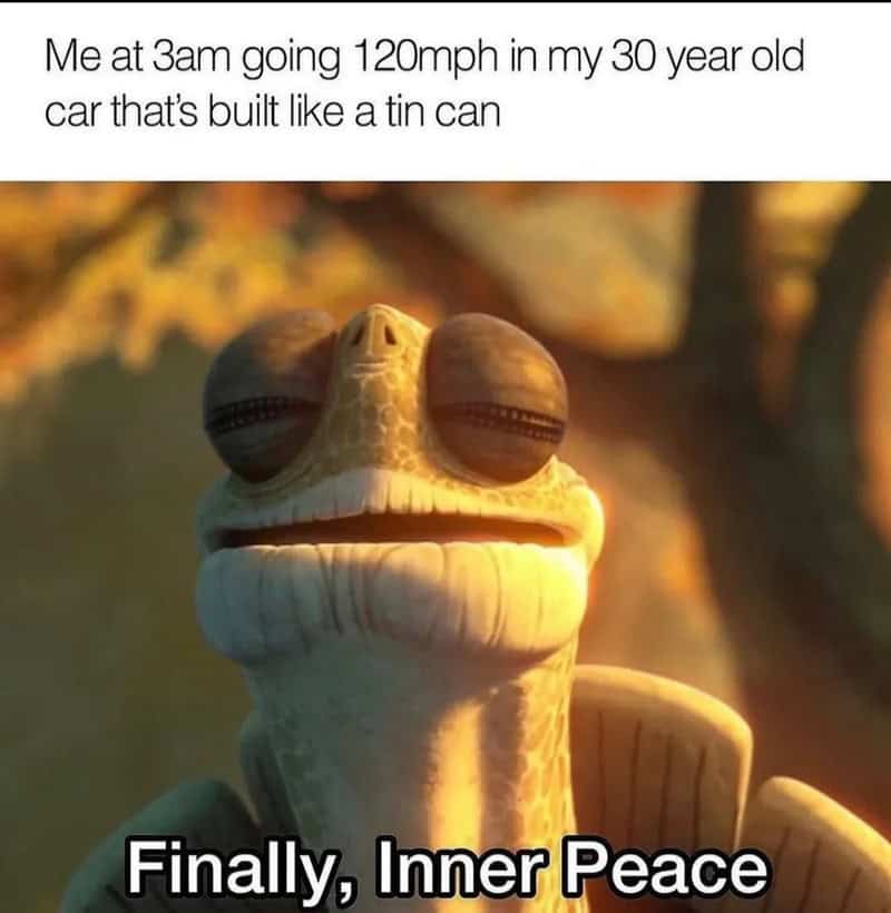 A cartoon gecko with a peaceful expression, caption about driving at 3am in a small car.