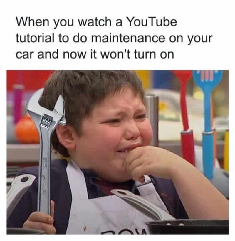 Child crying after watching a YouTube tutorial on car maintenance.