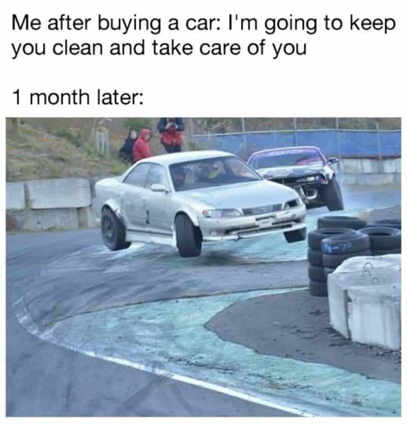 Car jumping over a ramp with tires and barriers, meme about car maintenance.