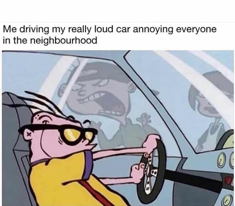 Loud car driving meme with a cartoon character wearing sunglasses and driving.