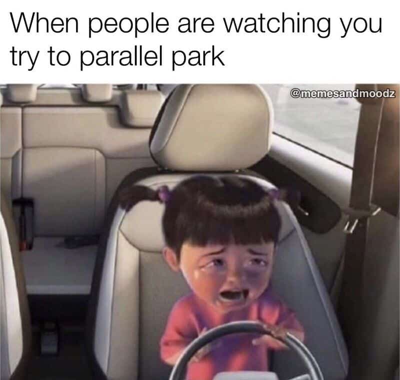 Child in car seat crying with text about parallel parking.
