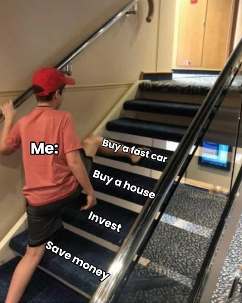 Child in red cap and pink shirt climbing stairs with text overlays about buying fast cars, houses,投资.