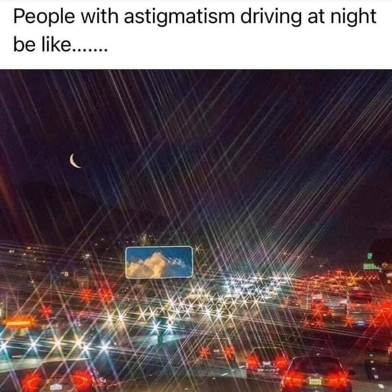 People with astigmatism driving at night with star-like light effects and a night sky.