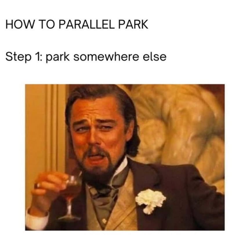 How to parallel park meme with a man in a tuxedo holding a drink.