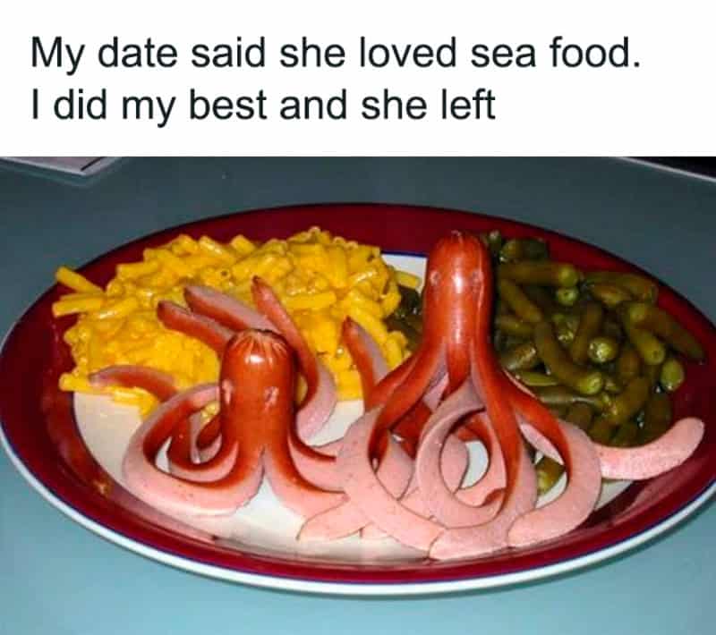 Humorous image of octopus-shaped sausages on a plate with side dishes.