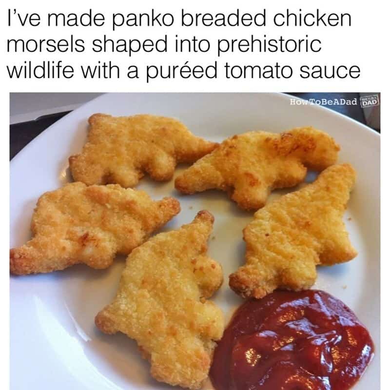 Panko breaded chicken shaped like prehistoric wildlife with tomato sauce.