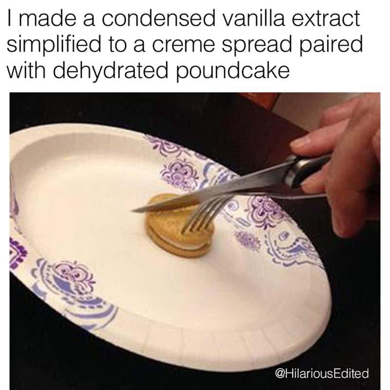 Condensed vanilla extract paired with dehydrated poundcake on a paper plate.