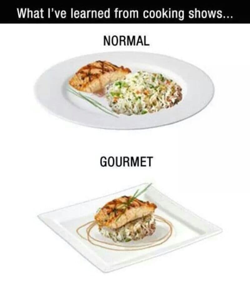 Comparison of normal and gourmet food presentation on plates.