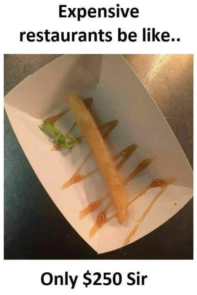 Expensive restaurants be like.. only $250 Sir with a fried item and sauce drizzles.