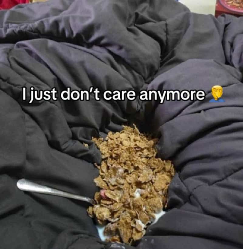 I just don't care anymore meme with food on bed.