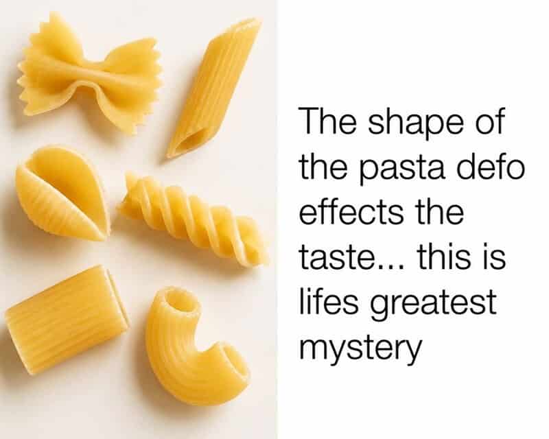 Different shapes of pasta with a quote about pasta shapes and taste.