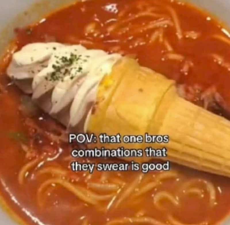 A burrito with chicken and herbs on spaghetti in tomato sauce, with caption about good combos.