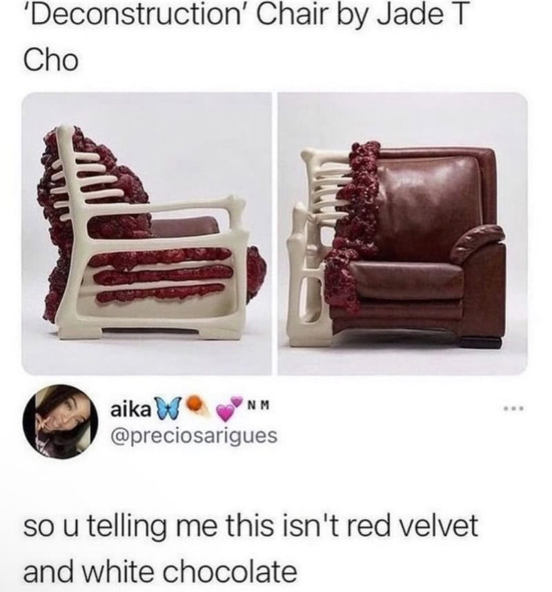 Deconstruction chair by Jade T Cho with red velvet and white chocolate details.